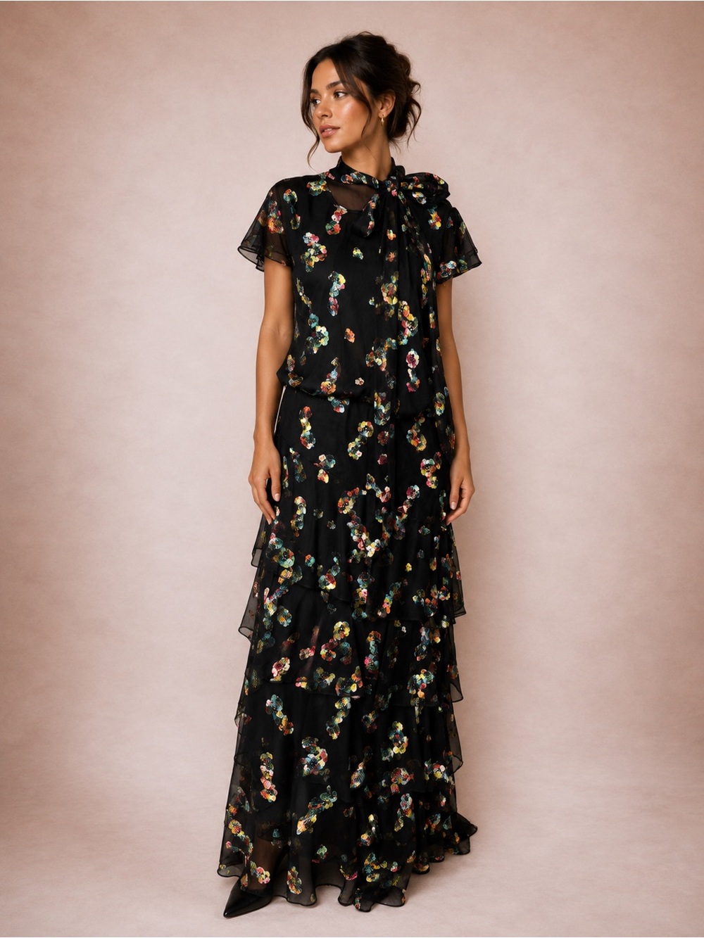 Monique Lhuillier Black Floral Tie-Neck Ruffled Maxi Dress